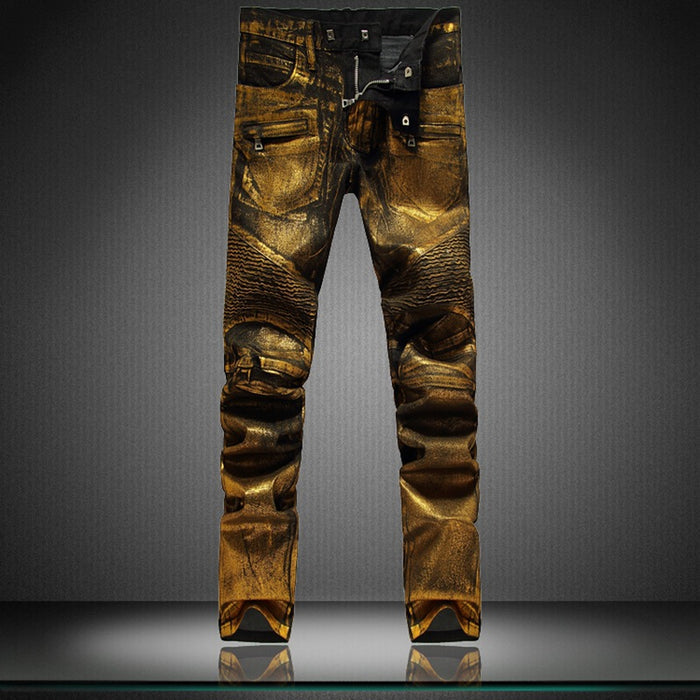 2016 high-end European and American Locomotive stunning golden coat Slim knee folds jeans