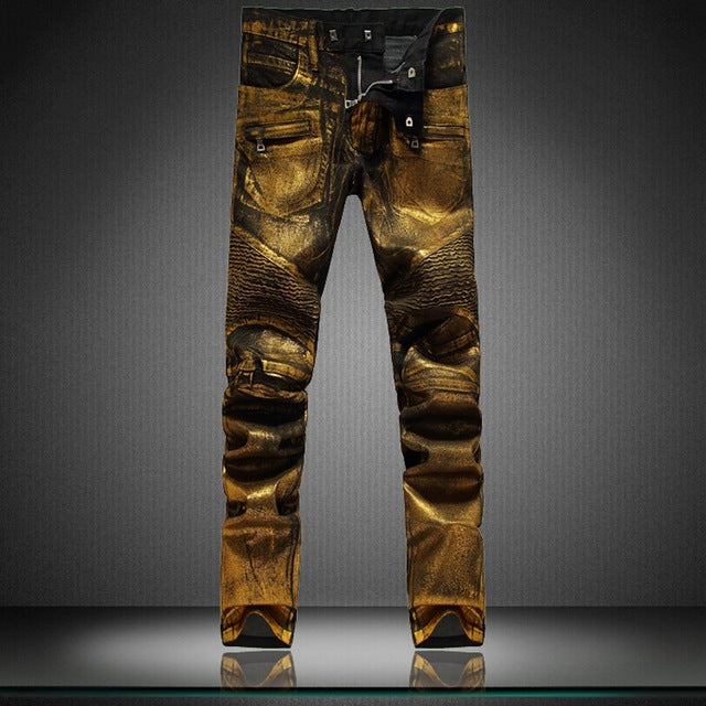 2016 high-end European and American Locomotive stunning golden coat Slim knee folds jeans