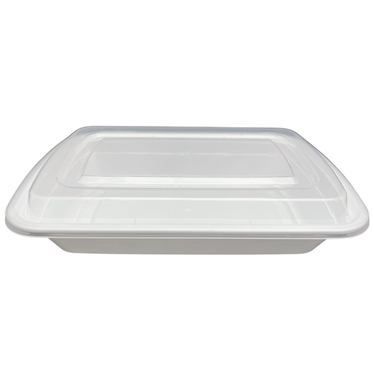 28 oz White Rectangular Take-Out Microwaveable Container with Clear Lid