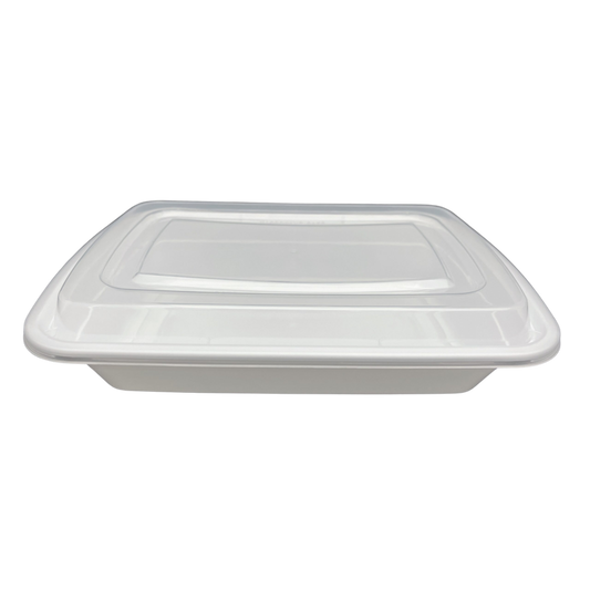 32 oz White Rectangular Take-Out Microwaveable Container with Clear Lid