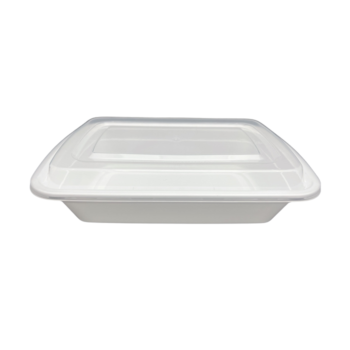 38 oz White Rectangular Take-Out Microwaveable Container with Clear Lid