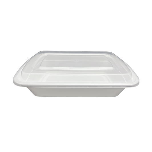38 oz White Rectangular Take-Out Microwaveable Container with Clear Lid