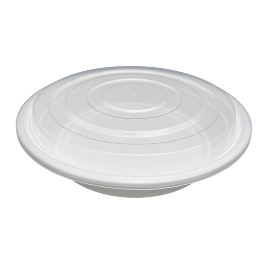 48 oz White Round Take-Out Microwaveable Container with Clear Lid