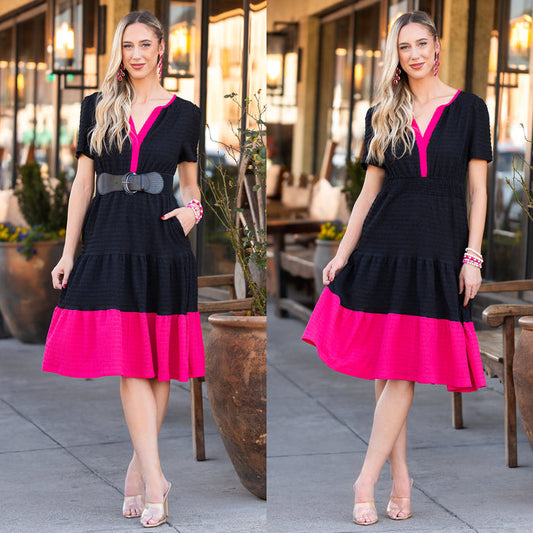 50019 - Color Block Textured Dress with Pockets - Black Pink