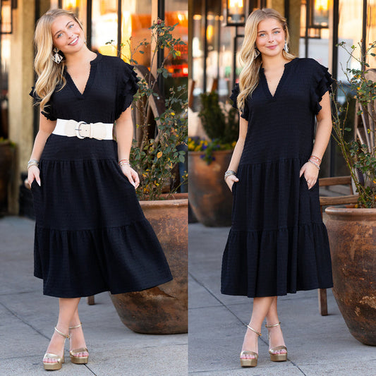 50020 - Solid Color Textured Dress with Ruffled Sleeves and Pockets - Black