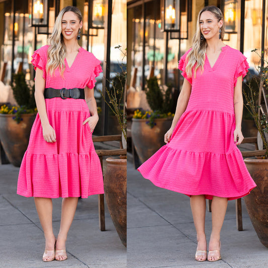 50020 - Solid Color Textured Dress with Ruffled Sleeves and Pockets - Pink