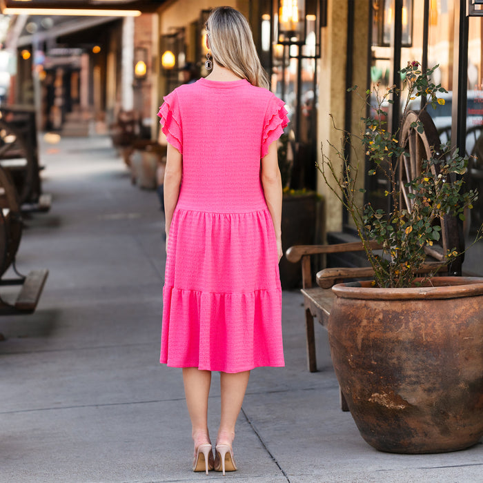 50020 - Solid Color Textured Dress with Ruffled Sleeves and Pockets - Pink