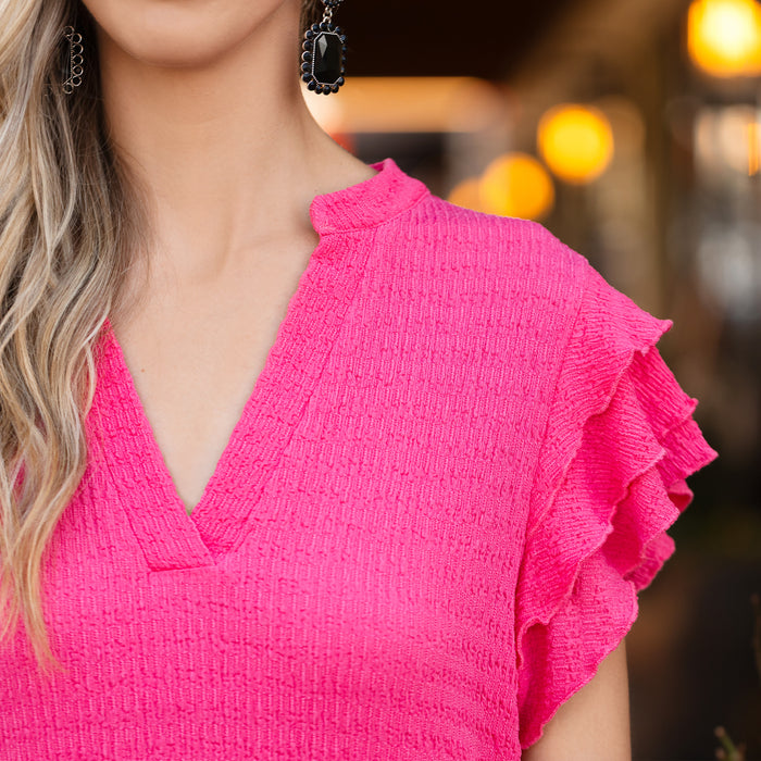 50020 - Solid Color Textured Dress with Ruffled Sleeves and Pockets - Pink