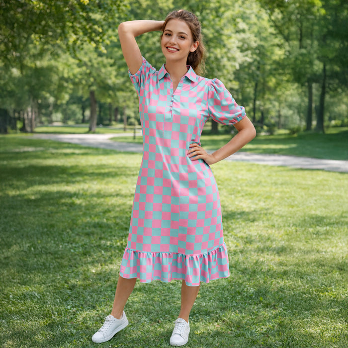 50248 – Pink & Light Blue Checkered Midi Dress with Pockets