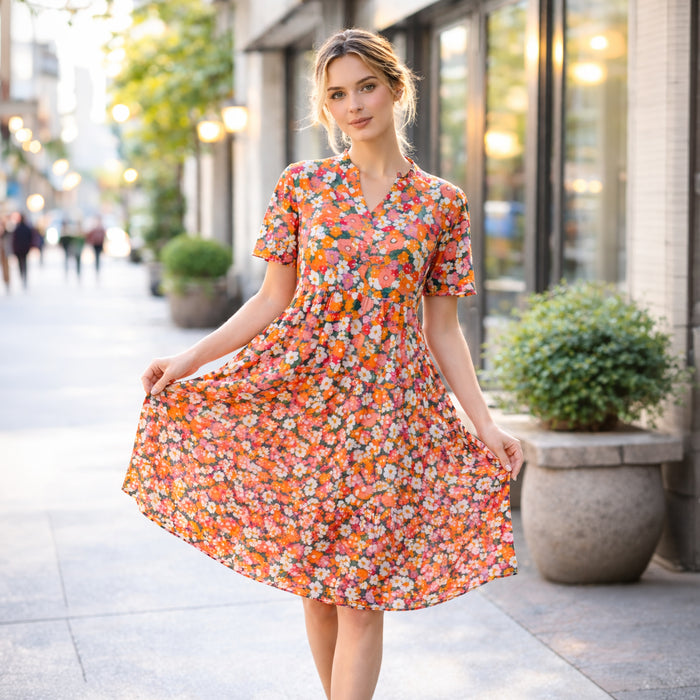 50264 – Orange Multi Floral Tiered Midi Dress with Pockets