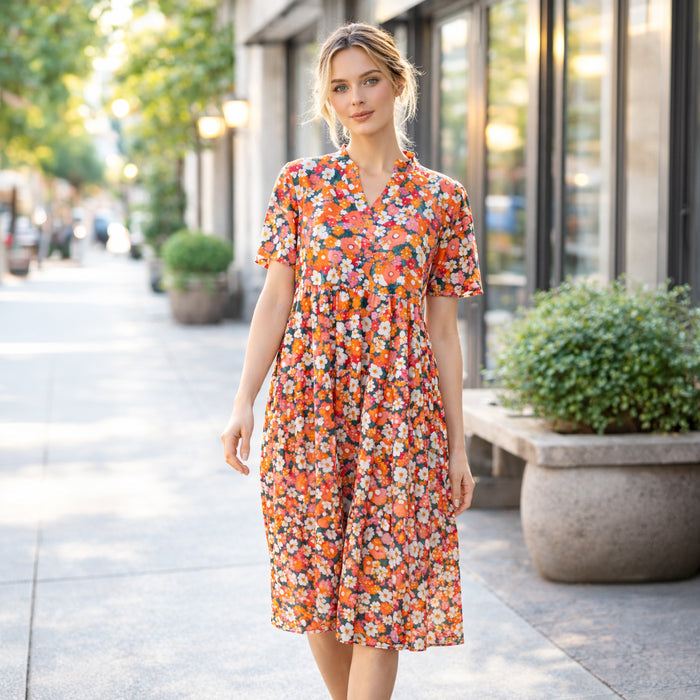 50264 – Orange Multi Floral Tiered Midi Dress with Pockets