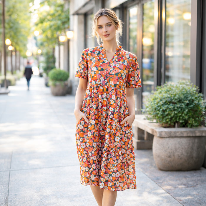 50264 – Orange Multi Floral Tiered Midi Dress with Pockets