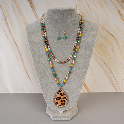 72803 - Animal Print Beaded Tear Drop Necklace- Leopard