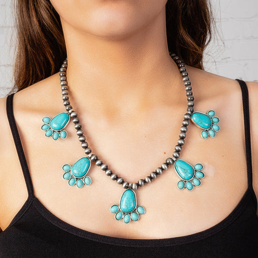 72834 - Squash Blossom Necklace - Turquoise & Silver - Fashion Jewelry Wholesale