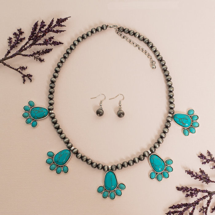 72834 - Squash Blossom Necklace - Turquoise & Silver - Fashion Jewelry Wholesale