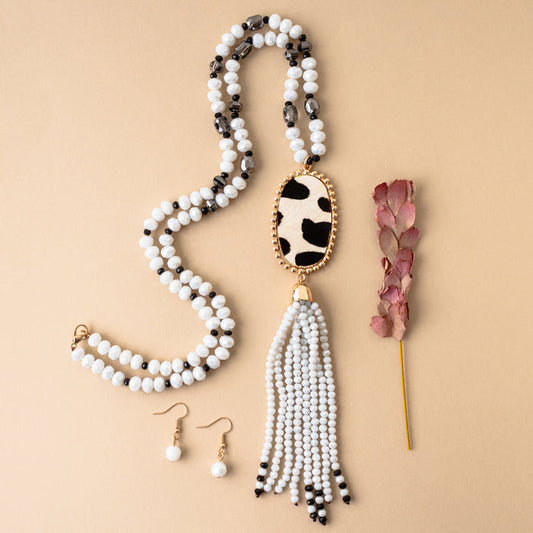 72865 - Animal Print Beaded Tassel Necklace - White