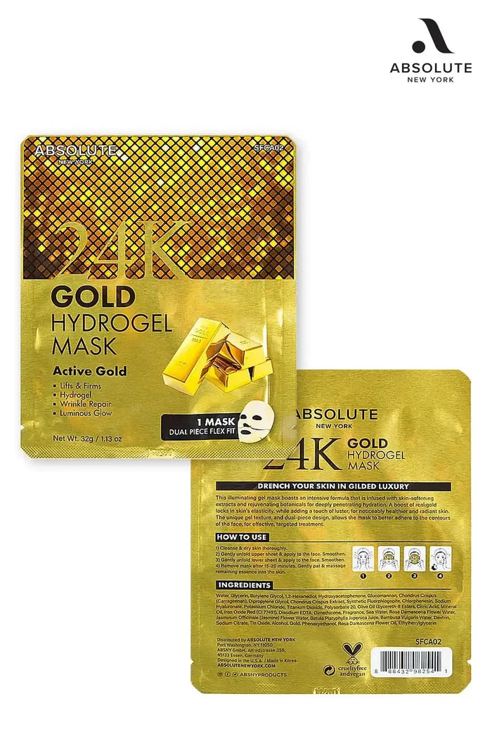 Absolute New York 24K Gold Hydrogel Mask packaging shown with front and back panels, Firming and Lifting MASK keyword, product directions and ingredients visible