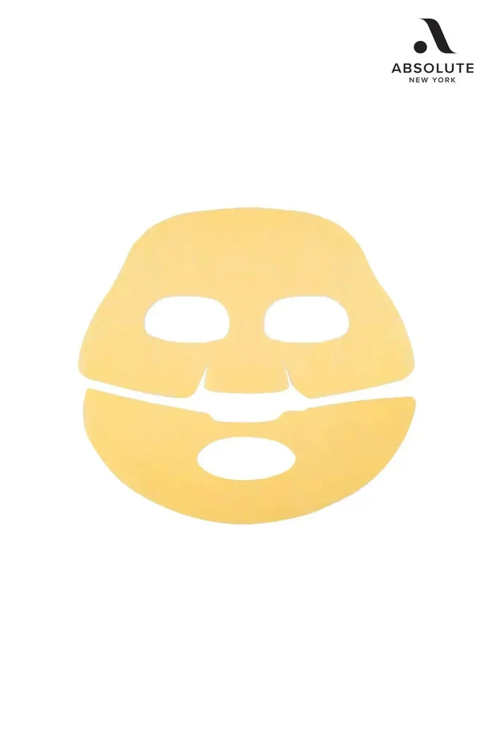 Gold-colored hydrogel sheet mask from Absolute New York 24K Gold Hydrogel Mask, Minimize Fine Lines and Wrinkles keyword, mask sheet isolated on white background