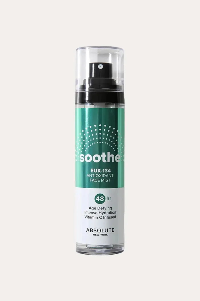 “Absolute New York Soothe EUK-134 Antioxidant Face Mist spray bottle, Soothing Mist for FACE, front label shown.”