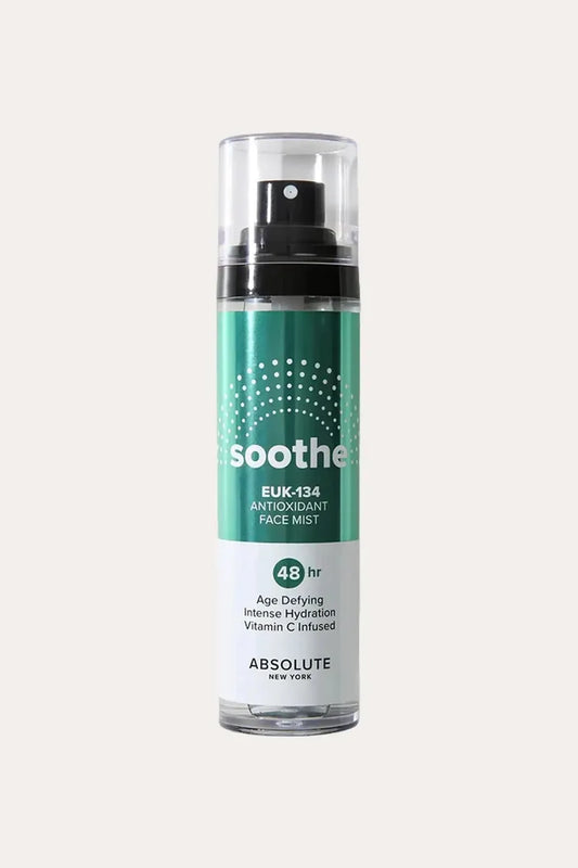 “Absolute New York Soothe EUK-134 Antioxidant Face Mist spray bottle, Soothing Mist for FACE, front label shown.”