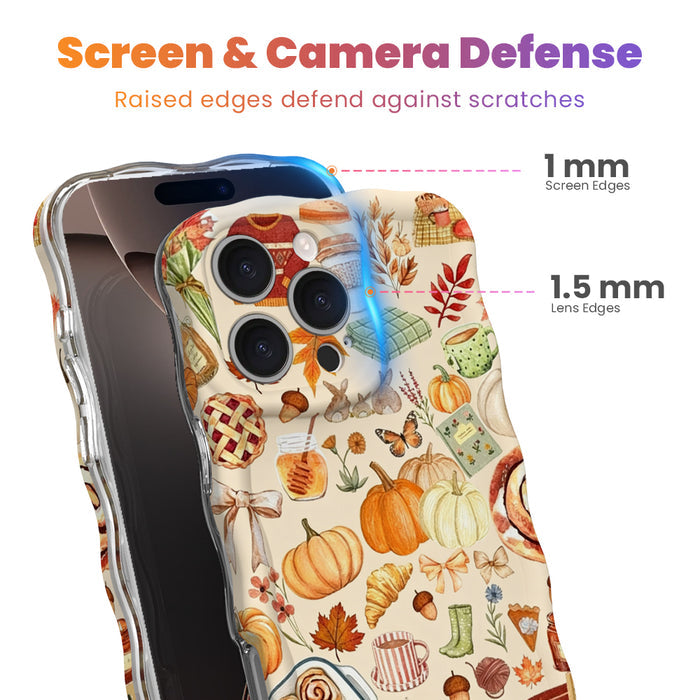 Screen and camera defense diagram for the All The Fall Things iPhone case, showing the 1 mm raised screen edge and 1.5 mm raised lens edge that guard against scratches.