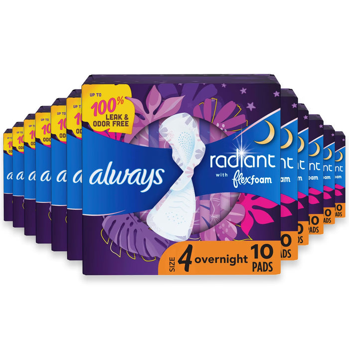 Always Radiant FlexFoam Size 4 Overnight Pads with Wings - 10 Ct - 12 Pack