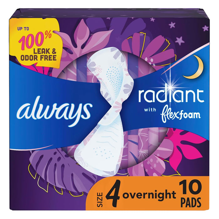 Always Radiant FlexFoam Size 4 Overnight Pads with Wings - 10 Ct - 12 Pack