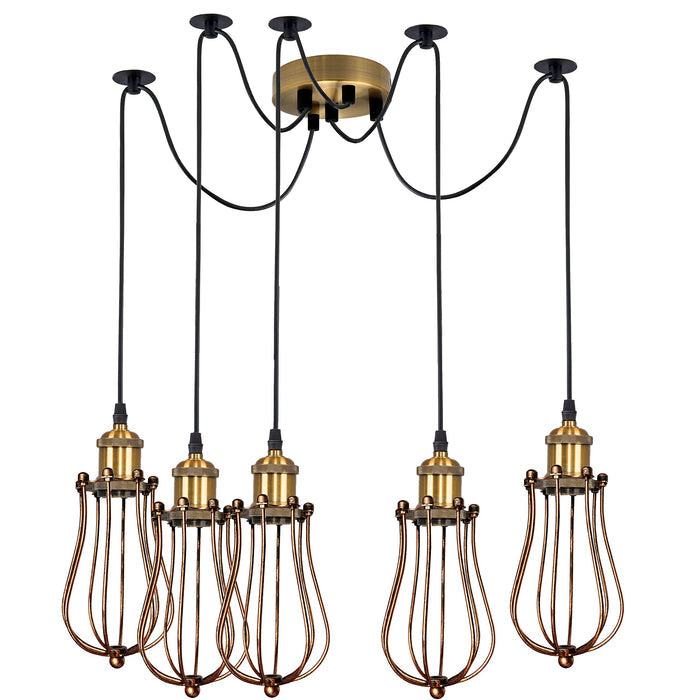 Antique Brass Spider Pendant Multi Arm Teardrop Wire Cage Light~6303