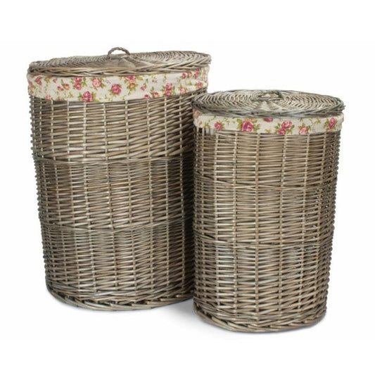 Antique Wash Round Garden Rose Cotton Lined Laundry Basket