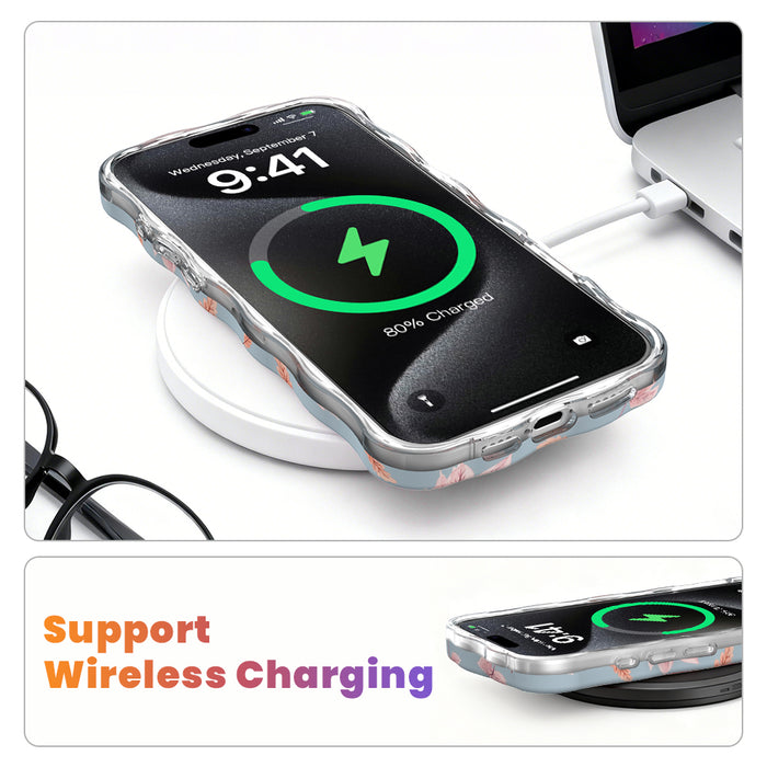 Wireless charging diagram showing the Autumn Breeze Wavy Luxe iPhone case charging on a MagSafe pad with the case still on.