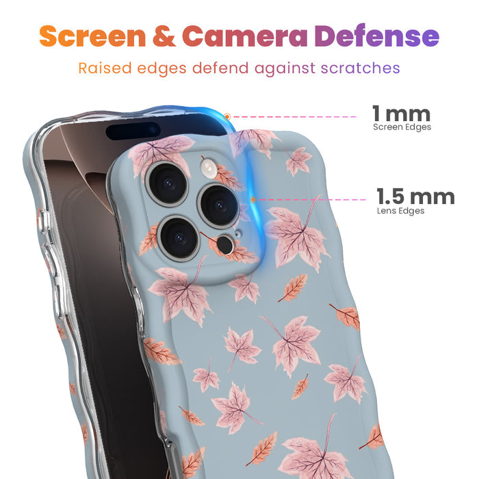 Screen and camera defense diagram for the Autumn Breeze iPhone case, showing the 1 mm raised screen edge and 1.5 mm raised lens edge that guard against scratches.