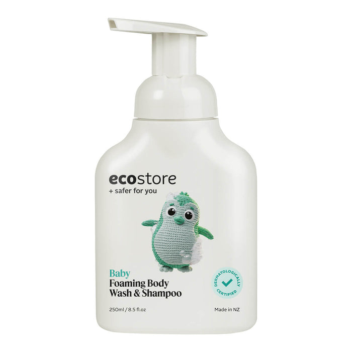A white pump bottle with a graphic of a baby on it, labeled as Baby Foaming Body Wash & Shampoo by ecostore.