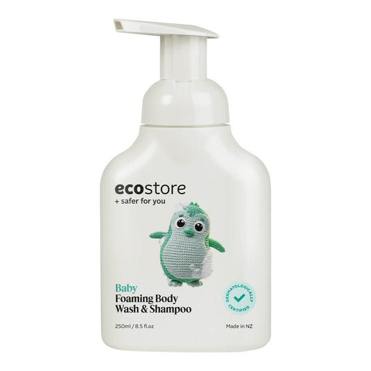 A white pump bottle with a graphic of a baby on it, labeled as Baby Foaming Body Wash & Shampoo by ecostore.