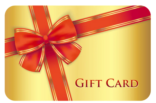 Gold bakery gift card with red ribbon and bow, luxury gift voucher design