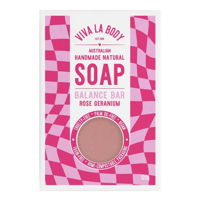 Viva La Body Balance Bar Soap Rose Geranium 130g in a pink box