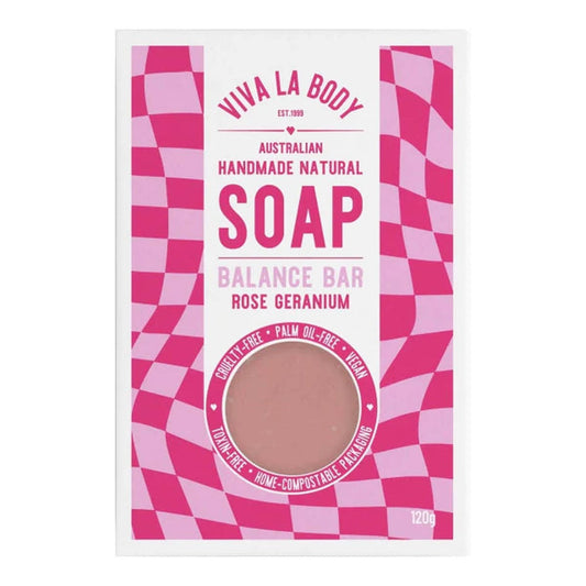Viva La Body Balance Bar Soap Rose Geranium 130g in a pink box