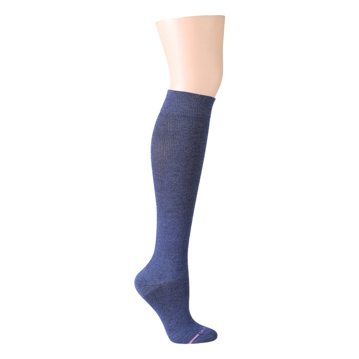 Knee-high compression socks in a solid dark blue color, displayed on a mannequin leg.
