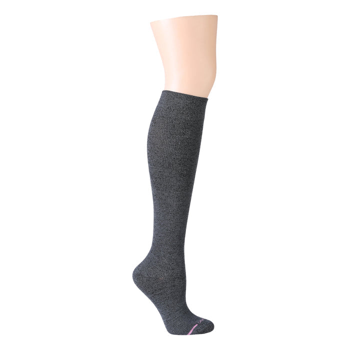 Knee-high compression sock in dark gray with a textured pattern and a pink accent at the toe.