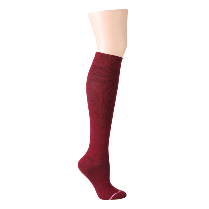 Knee-high compression sock in a solid burgundy color, displayed on a mannequin leg.