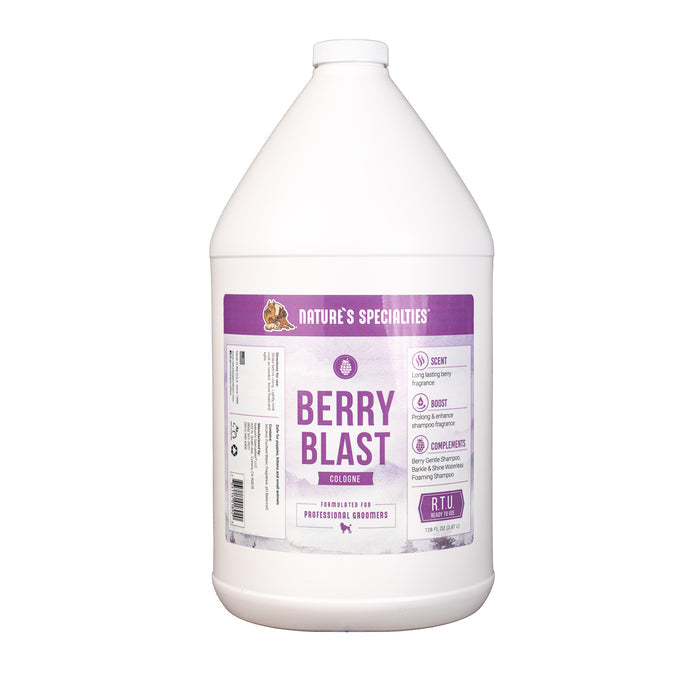 Nature's Specialties Berry Blast Cologne cat and dog cologne in 128 oz. gallon size white bottle.