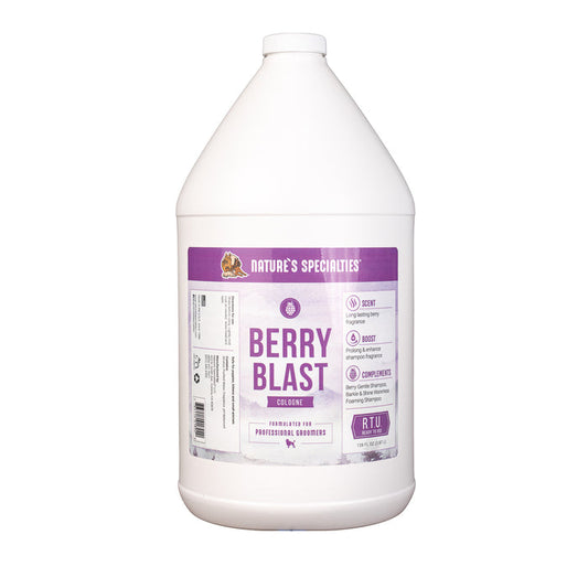 Nature's Specialties Berry Blast Cologne cat and dog cologne in 128 oz. gallon size white bottle.