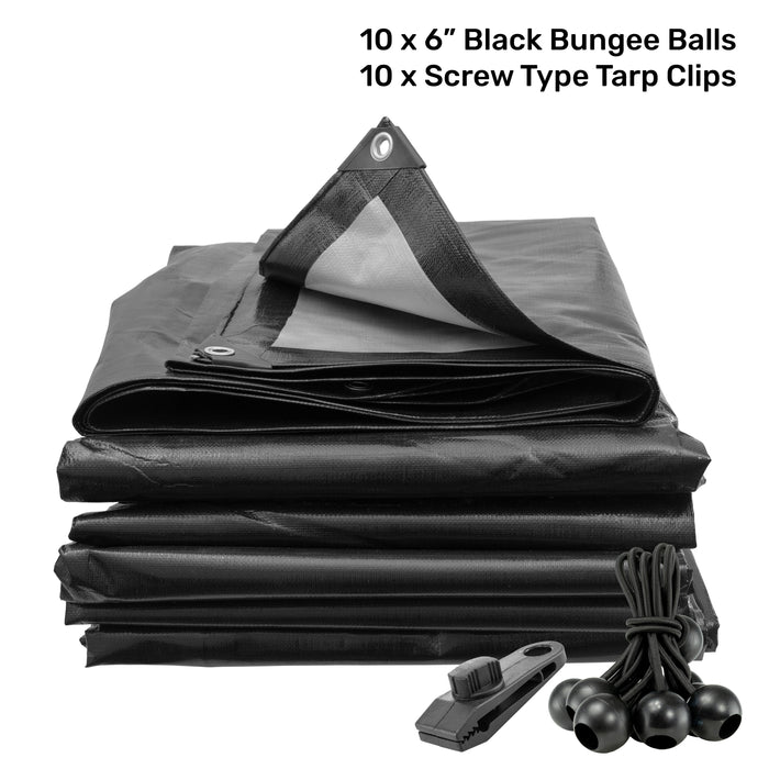 Black/Silver L-Grade Tarpaulin with 10 x 6" Bungee Balls (Black) and 10 x Screw Type Tarp Clips