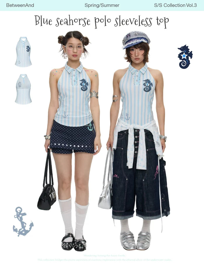 Blue seahorse polo sleeveless top