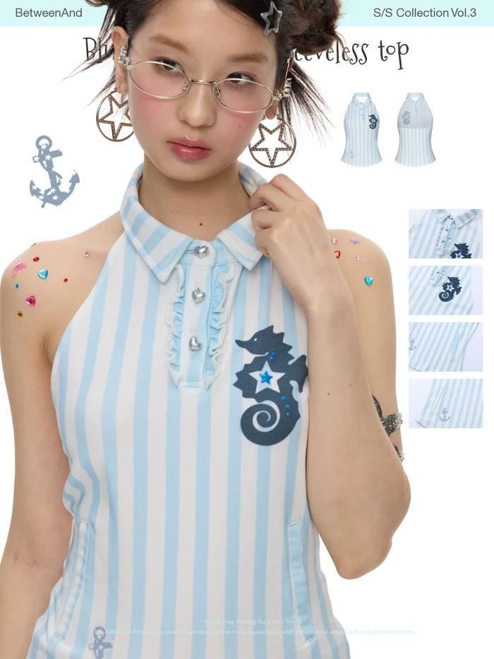 Blue seahorse polo sleeveless top