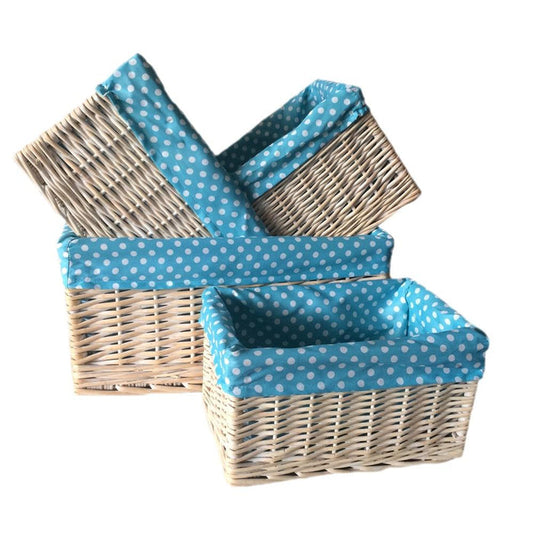 Blue Spotty Lined Wicker Storage Basket