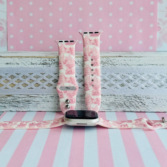 Blush Manor Print Silicone Band For Apple Watch â This enchanting Blush Manor Apple Watch band features romantic pink castles and elegant floral scenes on a soft white background.
