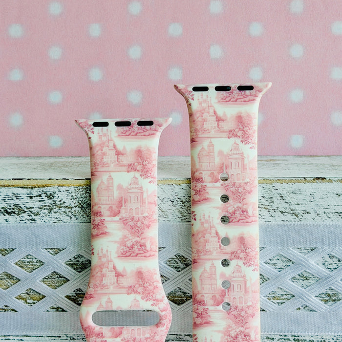 Blush Manor Print Silicone Band For Apple Watch â This enchanting Blush Manor Apple Watch band features romantic pink castles and elegant floral scenes on a soft white background.