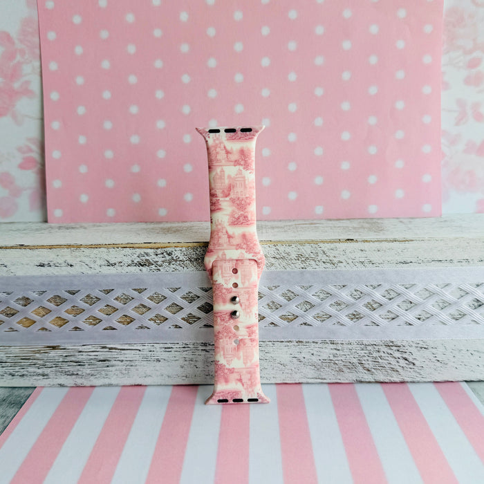 Blush Manor Print Silicone Band For Apple Watch â This enchanting Blush Manor Apple Watch band features romantic pink castles and elegant floral scenes on a soft white background.