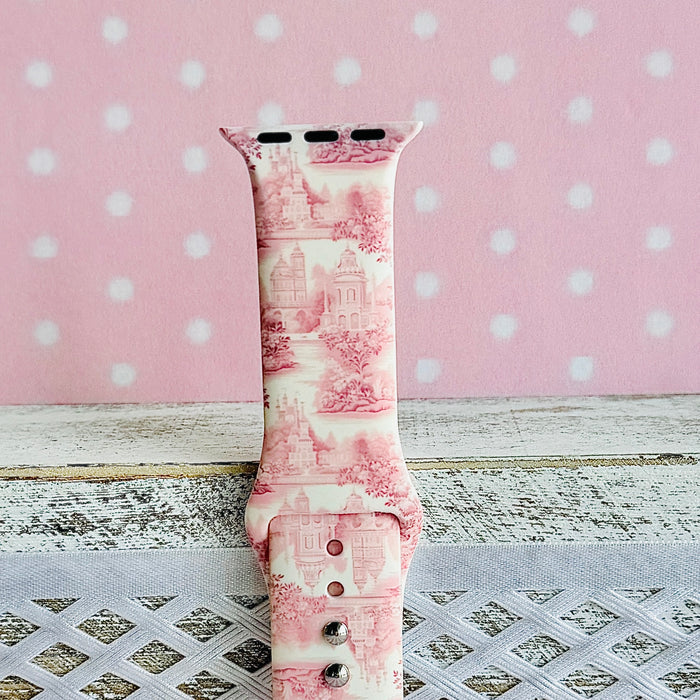 Blush Manor Print Silicone Band For Apple Watch â This enchanting Blush Manor Apple Watch band features romantic pink castles and elegant floral scenes on a soft white background.