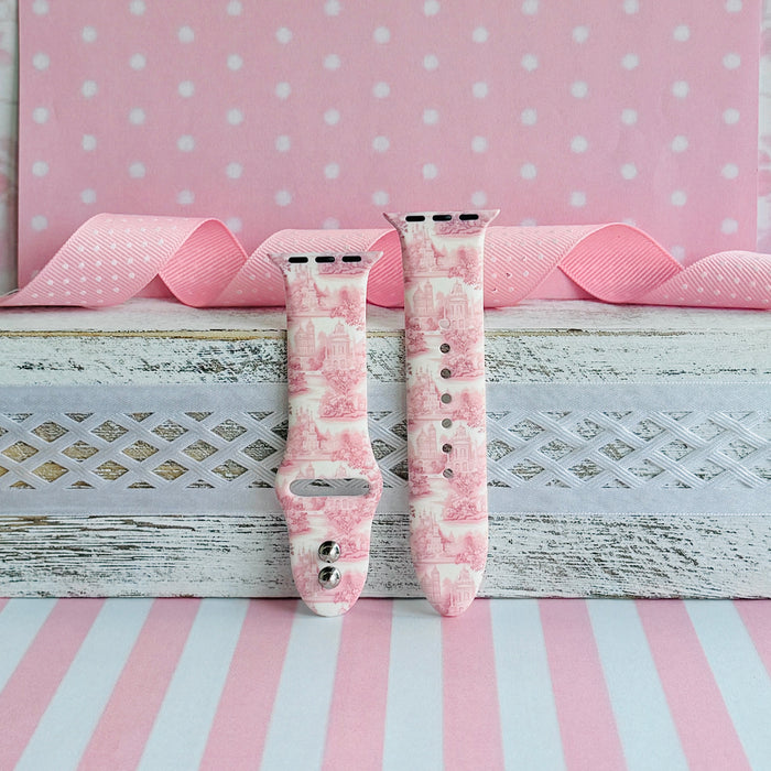 Blush Manor Print Silicone Band For Apple Watch â This enchanting Blush Manor Apple Watch band features romantic pink castles and elegant floral scenes on a soft white background.